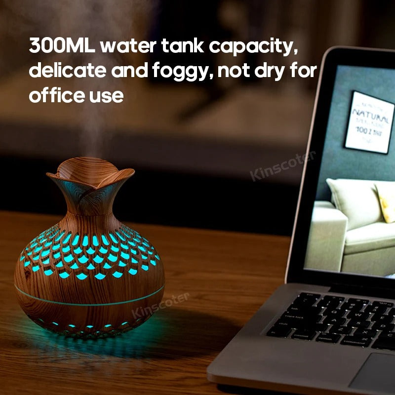 Wood Grain Flower Humidifier 300ml Aroma Diffuser Atomizer