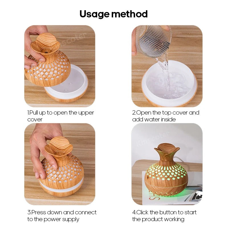 Wood Grain Flower Humidifier 300ml Aroma Diffuser Atomizer