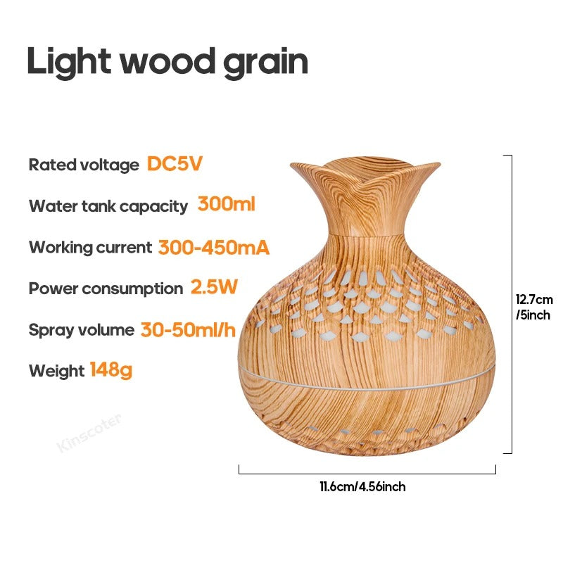 Wood Grain Flower Humidifier 300ml Aroma Diffuser Atomizer